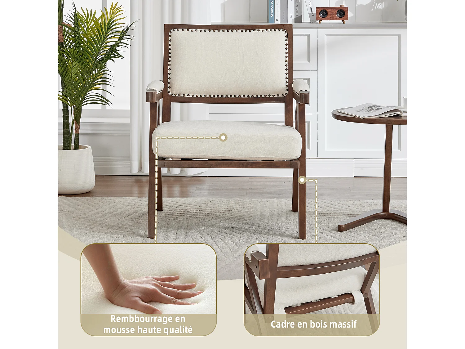 Sienna – Set van 2 fauteuils in katoen-linnen en massief hout – vintage stijl met ergonomische rugleuning – comfortabel voor woonkamer, slaapkamer of kantoor