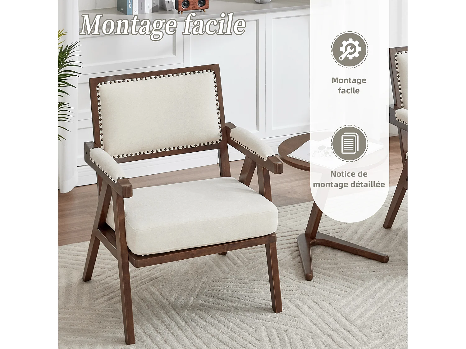 Sienna – Set van 2 fauteuils in katoen-linnen en massief hout – vintage stijl met ergonomische rugleuning – comfortabel voor woonkamer, slaapkamer of kantoor