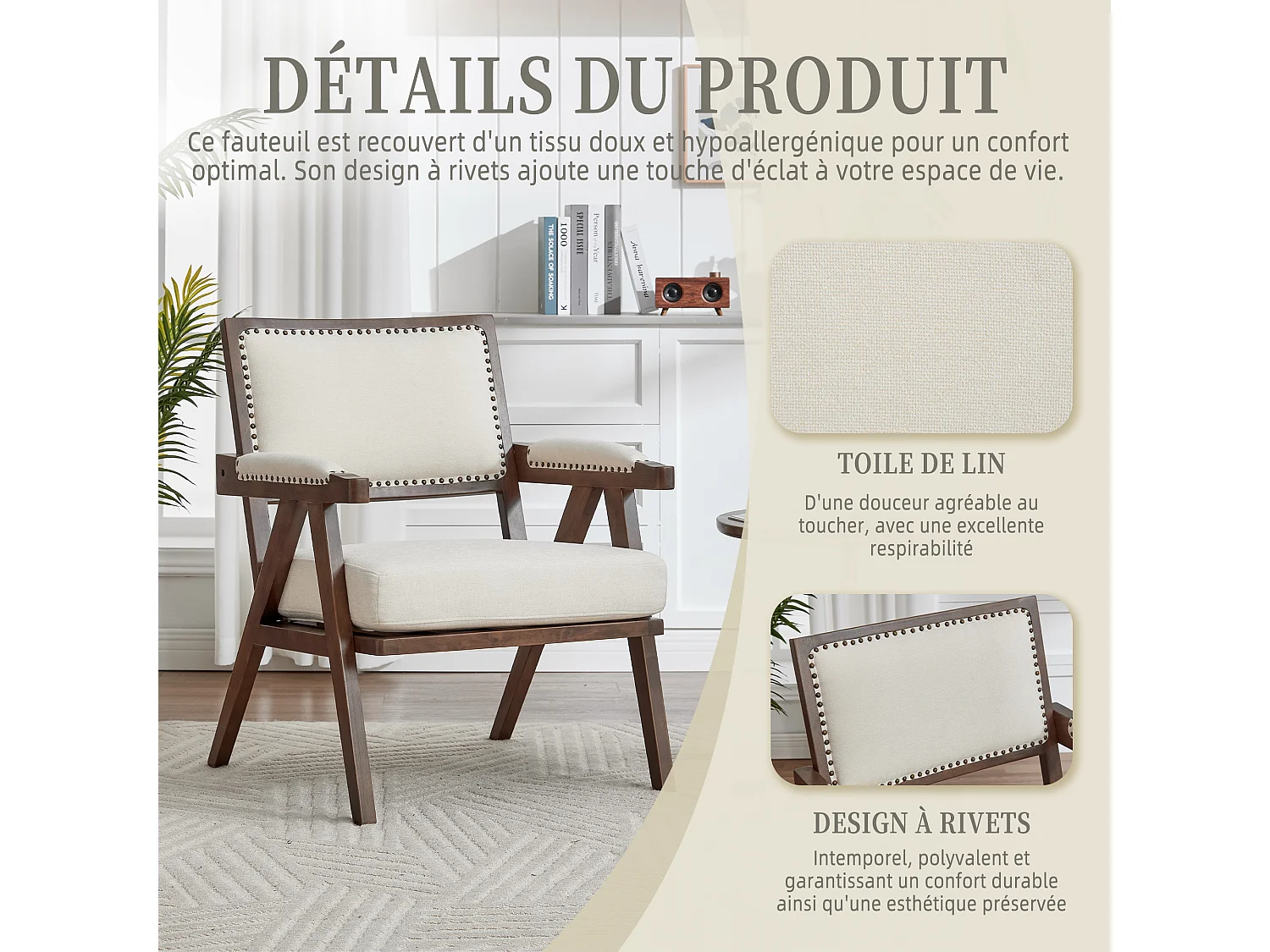 Sienna – Set van 2 fauteuils in katoen-linnen en massief hout – vintage stijl met ergonomische rugleuning – comfortabel voor woonkamer, slaapkamer of kantoor