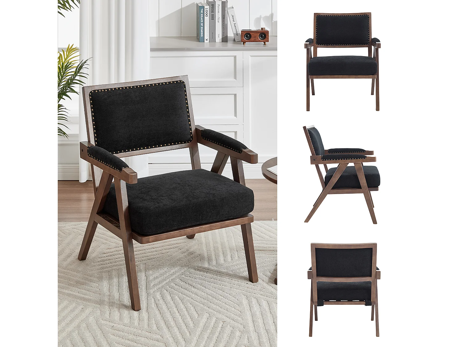 Sienna – Lot de 2 Fauteuils en Coton-Lin Et Bois Massif – Style Vintage avec Dossier Ergonomique – Noir — Confortables pour Salon, Chambre ou Bureau