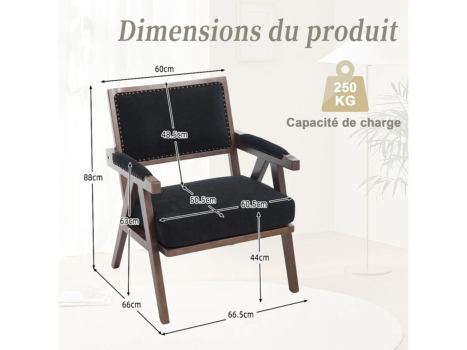 Sienna – Lot de 2 Fauteuils en Coton-Lin Et Bois Massif – Style Vintage avec Dossier Ergonomique – Noir — Confortables pour Salon, Chambre ou Bureau
