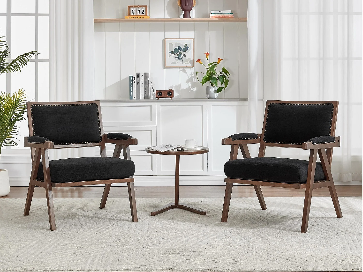 Sienna – Lot de 2 Fauteuils en Coton-Lin Et Bois Massif – Style Vintage avec Dossier Ergonomique – Noir — Confortables pour Salon, Chambre ou Bureau
