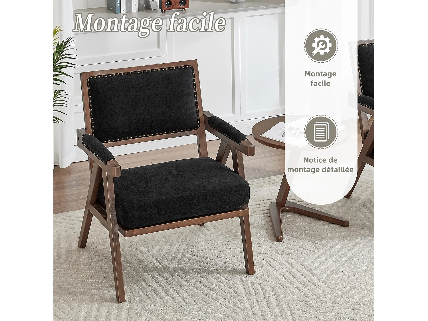 Sienna – Lot de 2 Fauteuils en Coton-Lin Et Bois Massif – Style Vintage avec Dossier Ergonomique – Noir — Confortables pour Salon, Chambre ou Bureau