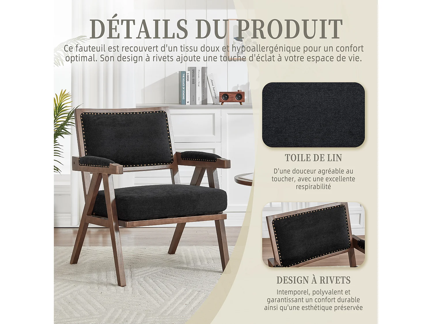 Sienna – Lot de 2 Fauteuils en Coton-Lin Et Bois Massif – Style Vintage avec Dossier Ergonomique – Noir — Confortables pour Salon, Chambre ou Bureau