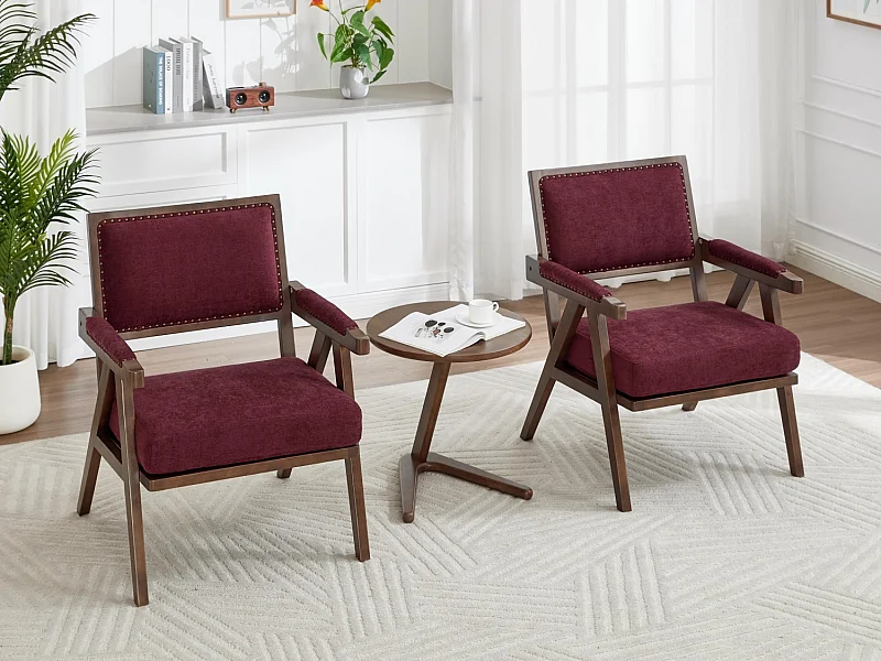 Sienna – Lot de 2 Fauteuils en Coton-Lin Et Bois Massif – Style Vintage avec Dossier Ergonomique – Fuchsia  — Confortables pour Salon, Chambre ou Bureau