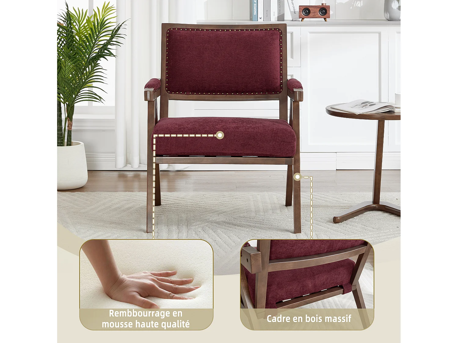 Sienna – Lot de 2 Fauteuils en Coton-Lin Et Bois Massif – Style Vintage avec Dossier Ergonomique – Fuchsia  — Confortables pour Salon, Chambre ou Bureau