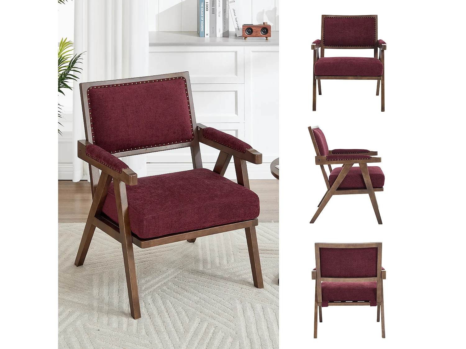 Sienna – Lot de 2 Fauteuils en Coton-Lin Et Bois Massif – Style Vintage avec Dossier Ergonomique – Fuchsia  — Confortables pour Salon, Chambre ou Bureau