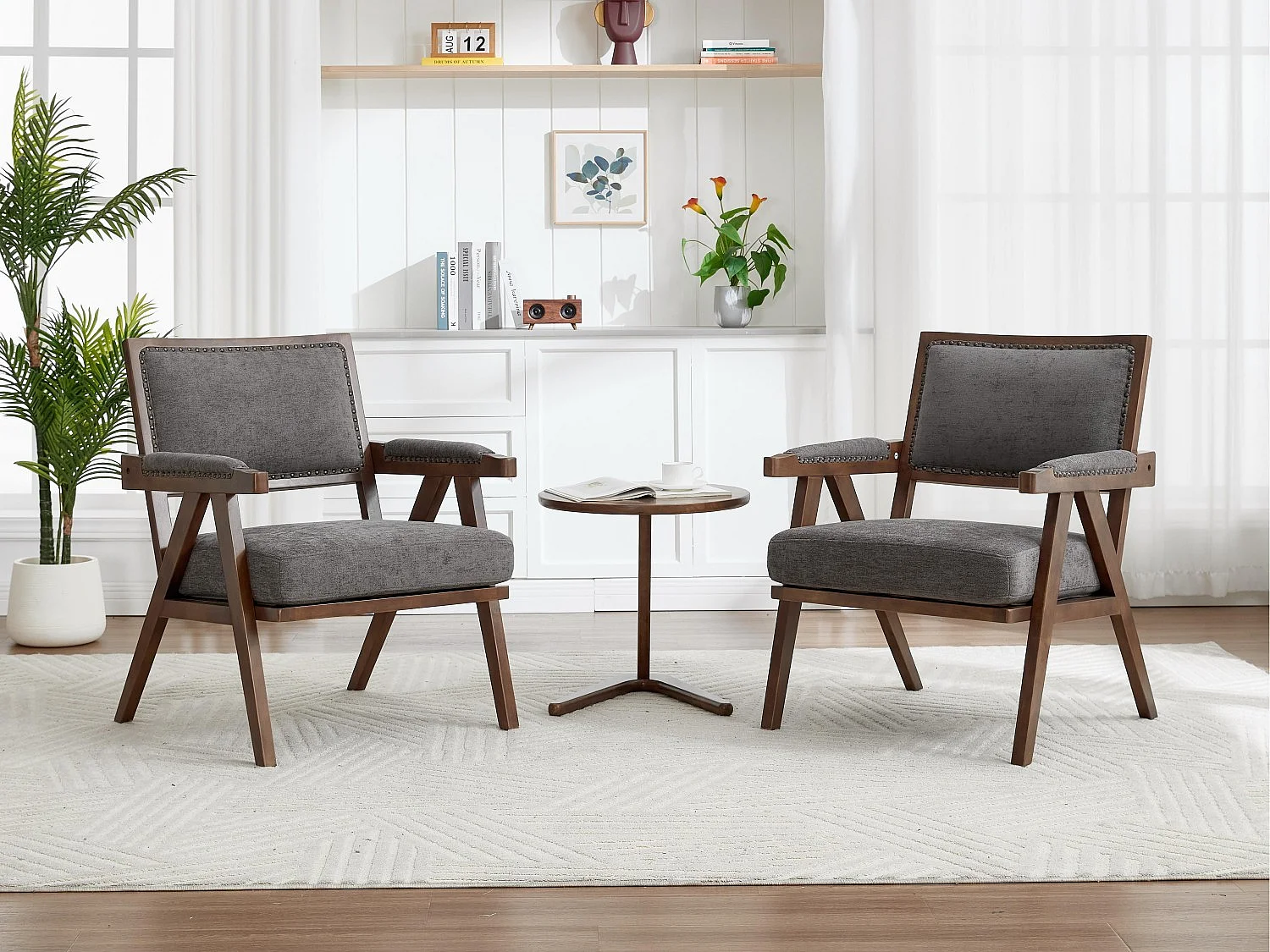 Sienna – Lot de 2 Fauteuils en Coton-Lin et Bois Massif – Style Vintage avec Dossier Ergonomique – Gris — Confortables pour Salon, Chambre ou Bureau