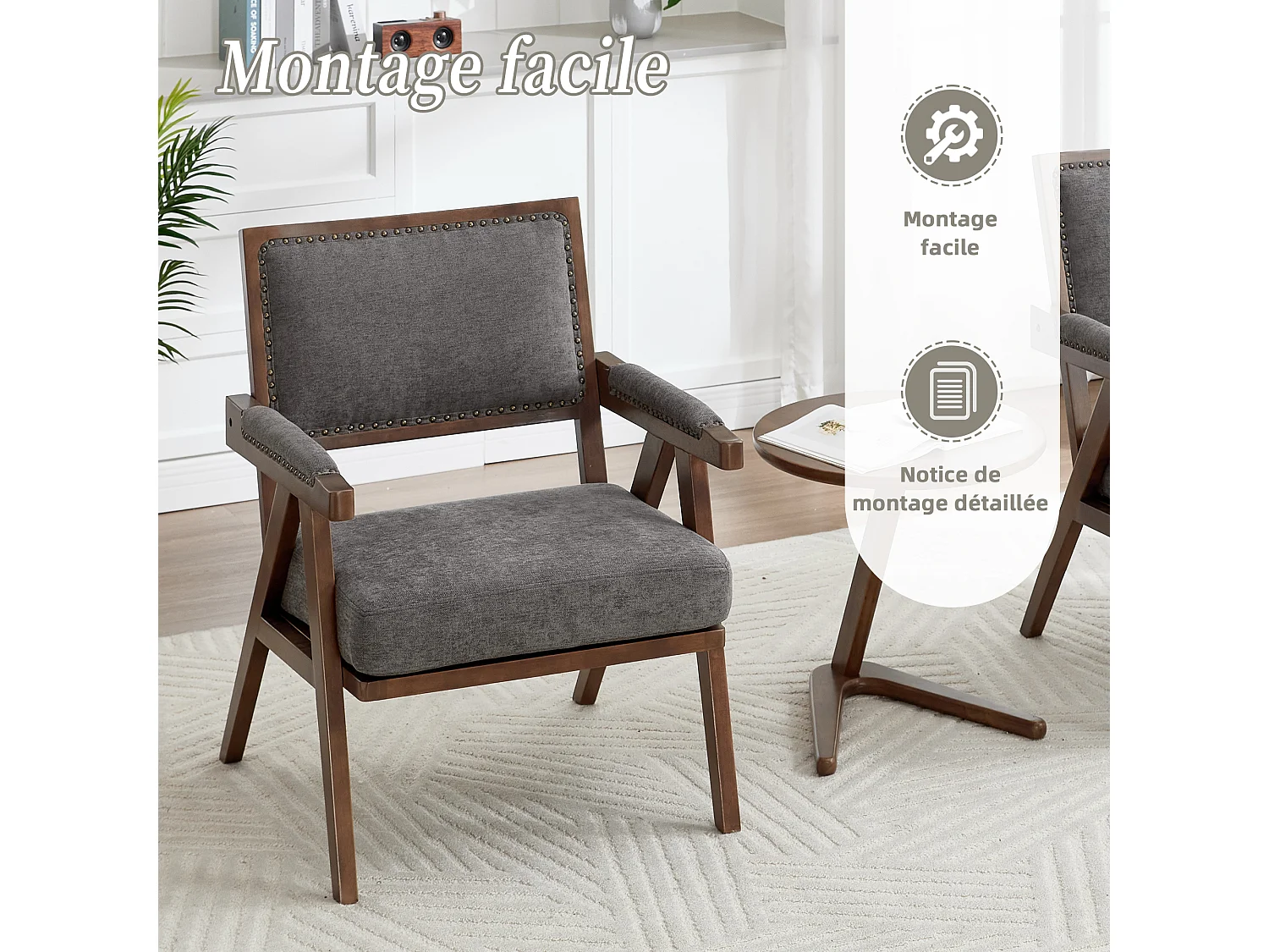 Sienna – Lot de 2 Fauteuils en Coton-Lin et Bois Massif – Style Vintage avec Dossier Ergonomique – Gris — Confortables pour Salon, Chambre ou Bureau
