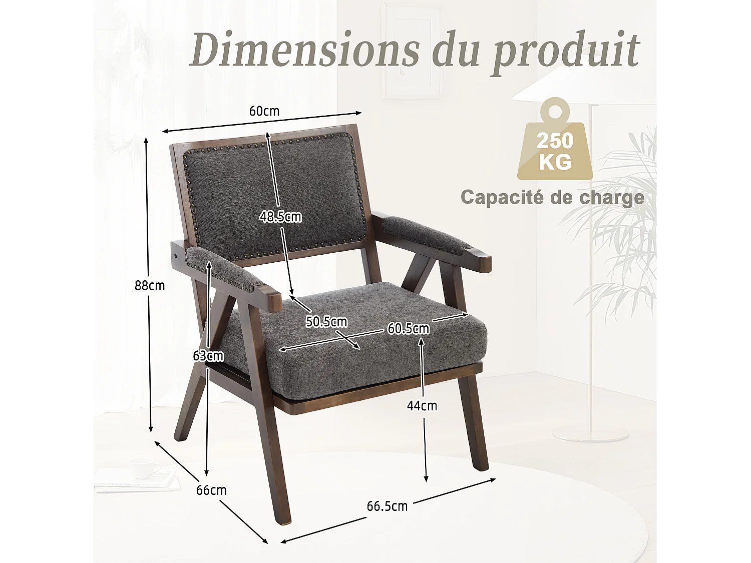 Sienna – Lot de 2 Fauteuils en Coton-Lin et Bois Massif – Style Vintage avec Dossier Ergonomique – Gris — Confortables pour Salon, Chambre ou Bureau