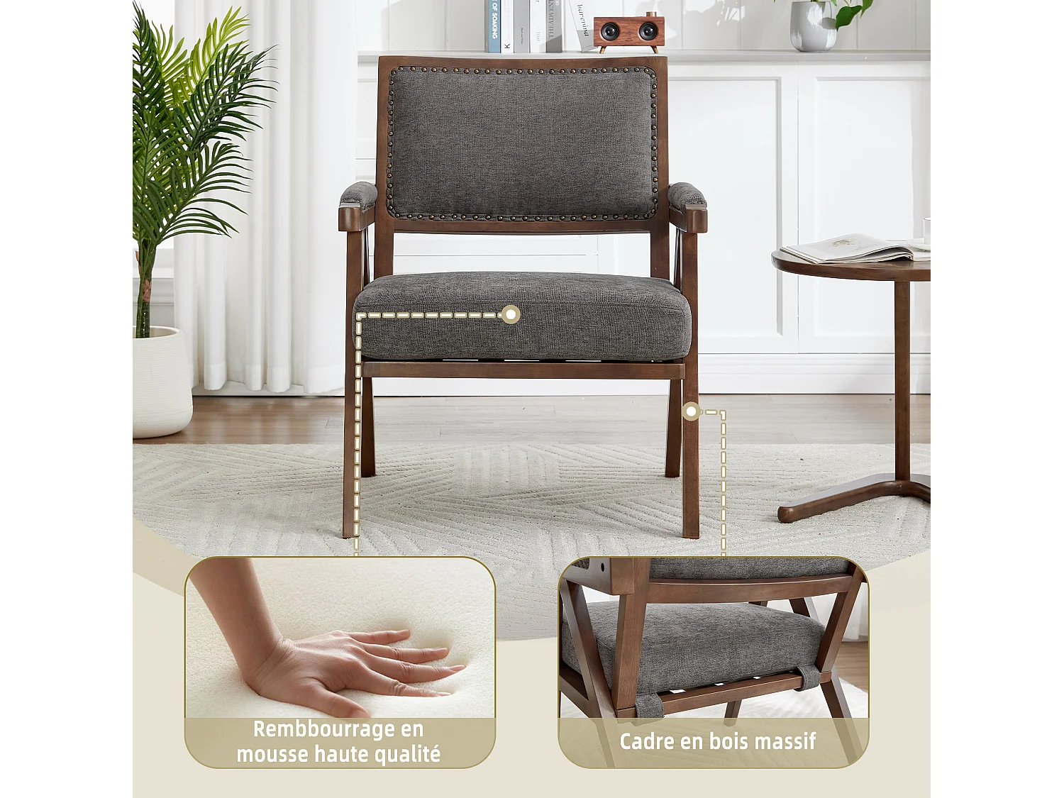 Sienna – Lot de 2 Fauteuils en Coton-Lin et Bois Massif – Style Vintage avec Dossier Ergonomique – Gris — Confortables pour Salon, Chambre ou Bureau