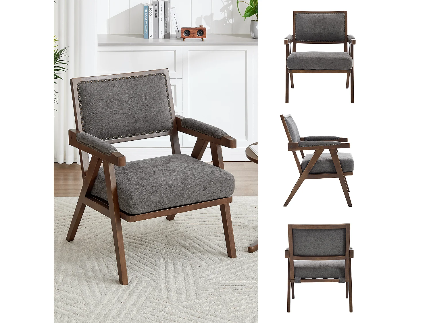 Sienna – Lot de 2 Fauteuils en Coton-Lin et Bois Massif – Style Vintage avec Dossier Ergonomique – Gris — Confortables pour Salon, Chambre ou Bureau
