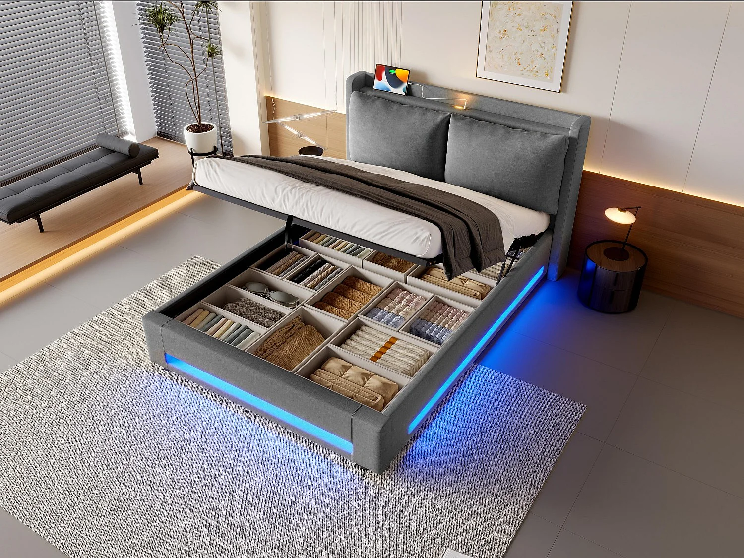 Bed Kofferbed 140 × 200 cm – Ge­pols­te­erd bed – Hydrau­lis­che opber­ging – LED- & USB-C verlichting – Afneem­baar fluwelen kussen in hoofd­bord – Ideaal voor sla