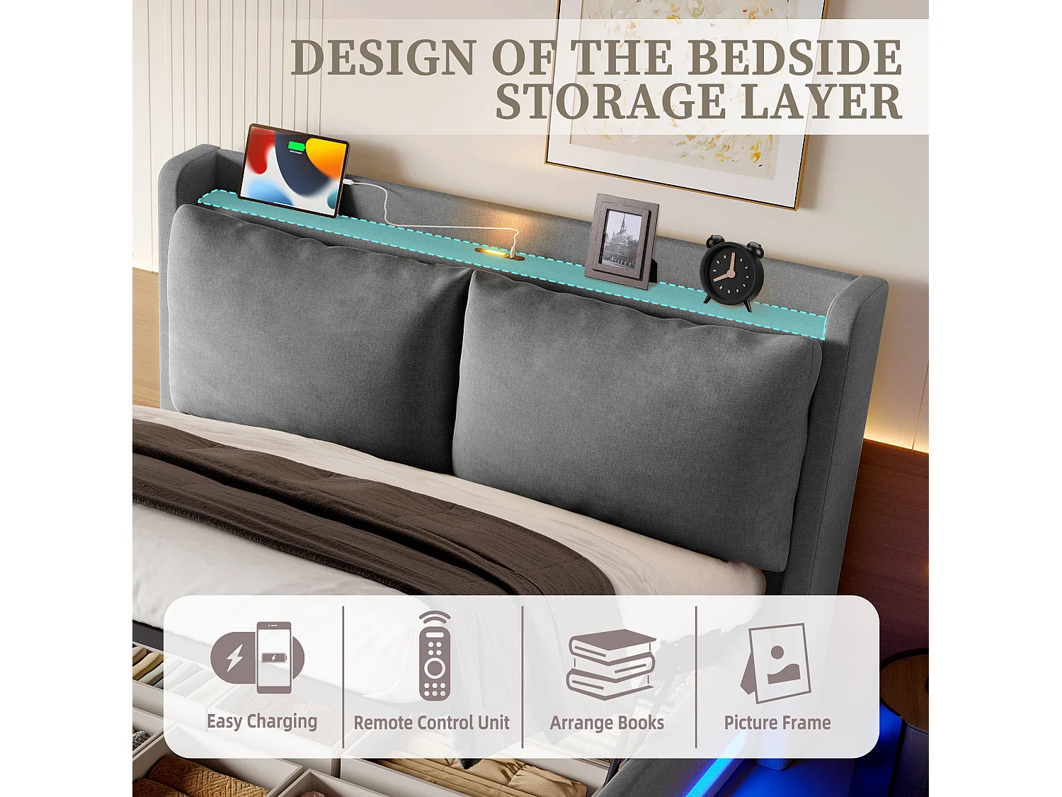 Lit Coffre 140x200 cm - Lit Rembourré - Rangement Hydraulique - Éclairage LED & USB-C - Coussin de Tête Amovible en Velours - Structure Acier - Gris - Idéal Chambre