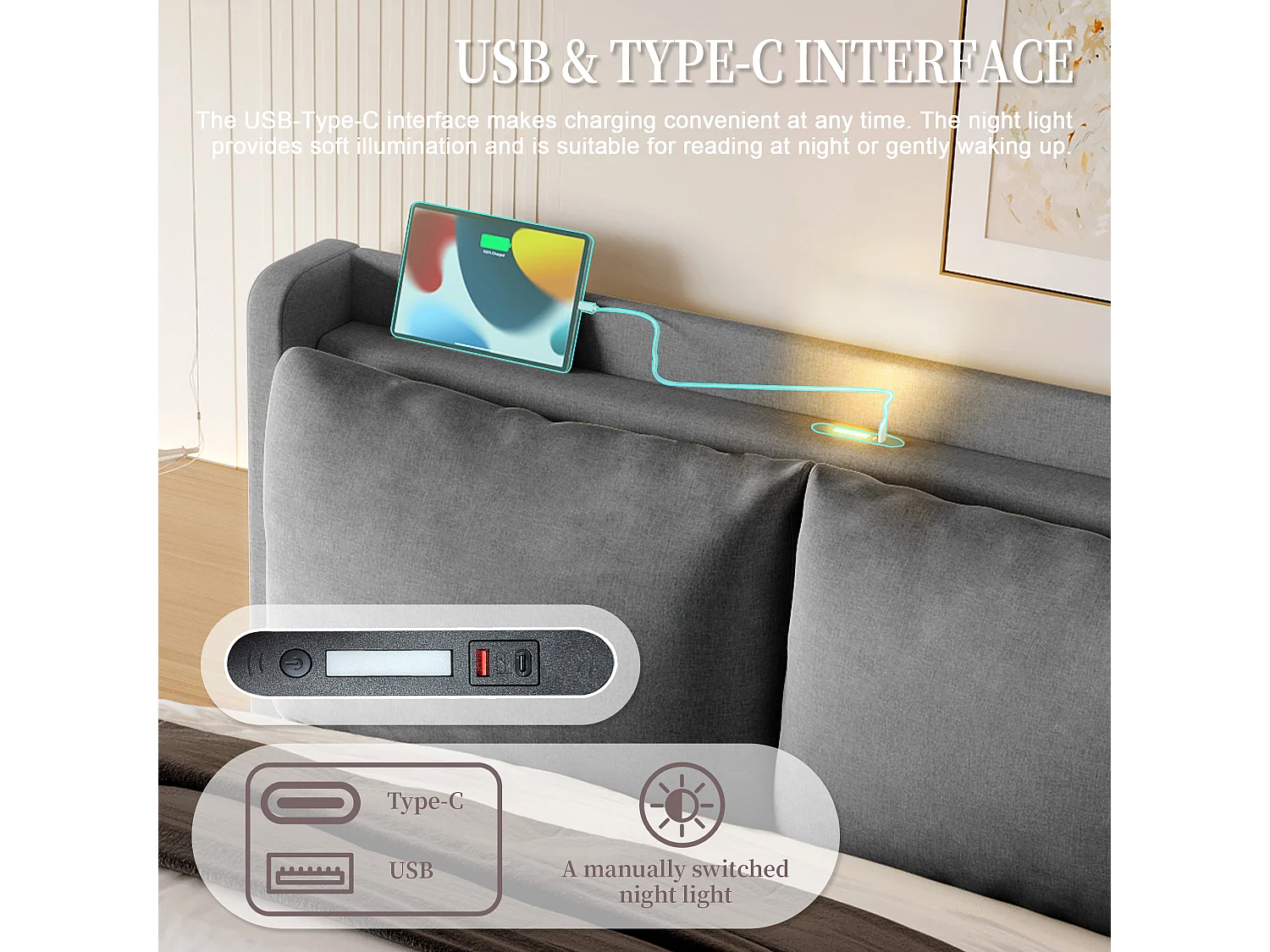 Lit Coffre 140x200 cm - Lit Rembourré - Rangement Hydraulique - Éclairage LED & USB-C - Coussin de Tête Amovible en Velours - Structure Acier - Gris - Idéal Chambre