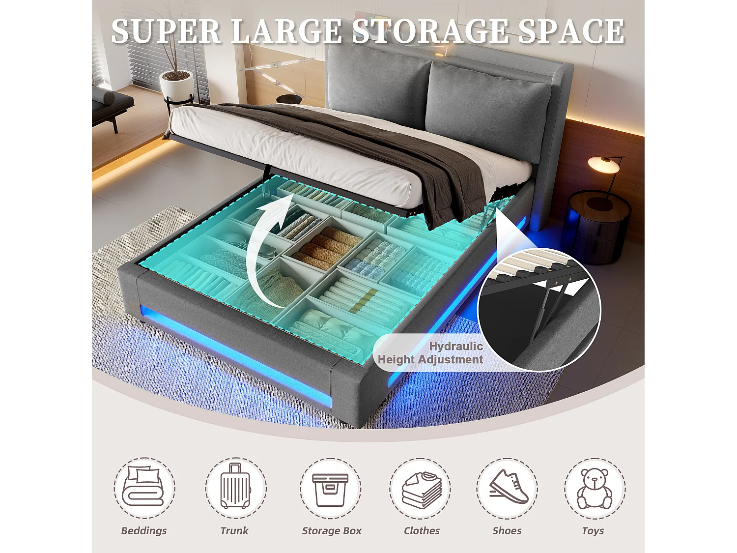 Lit Coffre 160x200 cm - Lit Rembourré - Rangement Hydraulique - Éclairage LED & USB-C - Coussin de Tête Amovible en Velours - Beige - Idéal Chambre