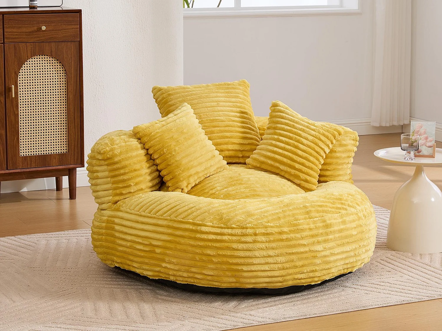 Fauteuil poire en velours côtelé - Pouf  Jaune Moutarde – Grand modèle – 3 coussins inclus – Ultra moelleux  – Pour adultes et enfants