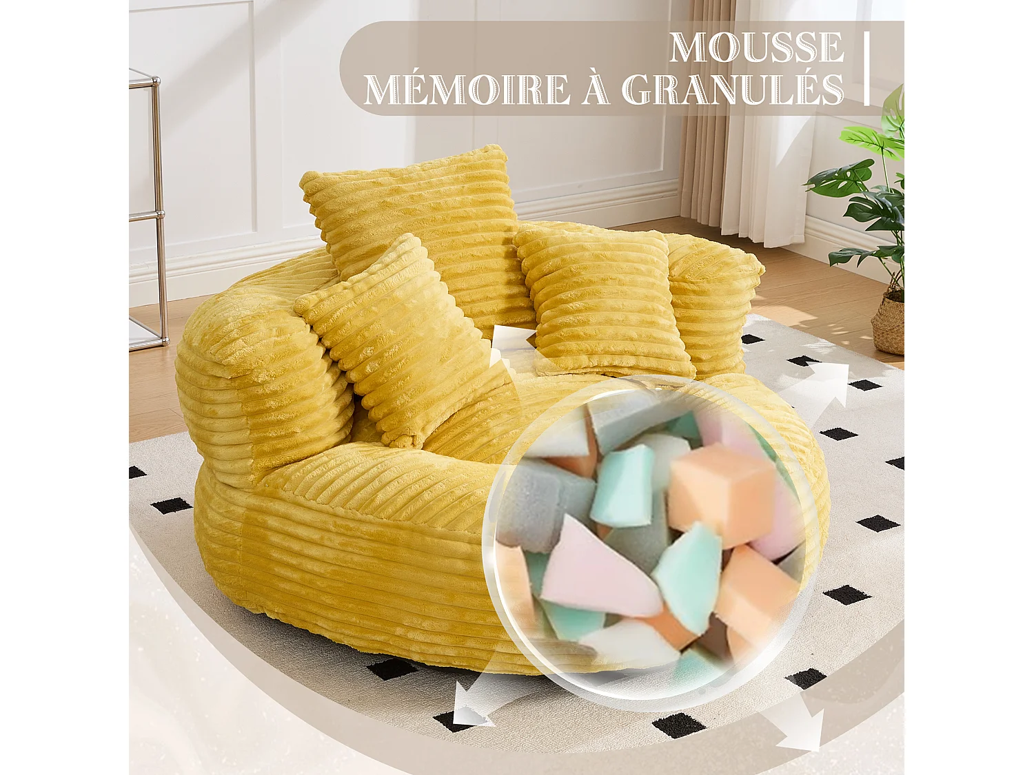 Fauteuil poire en velours côtelé - Pouf  Jaune Moutarde – Grand modèle – 3 coussins inclus – Ultra moelleux  – Pour adultes et enfants
