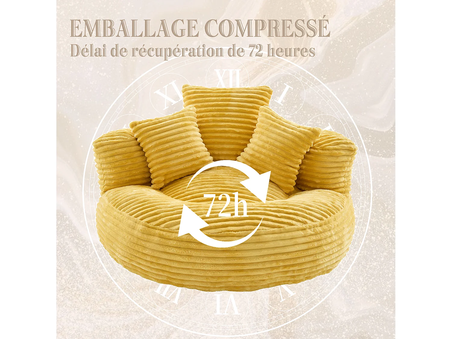 Fauteuil poire en velours côtelé - Pouf  Jaune Moutarde – Grand modèle – 3 coussins inclus – Ultra moelleux  – Pour adultes et enfants