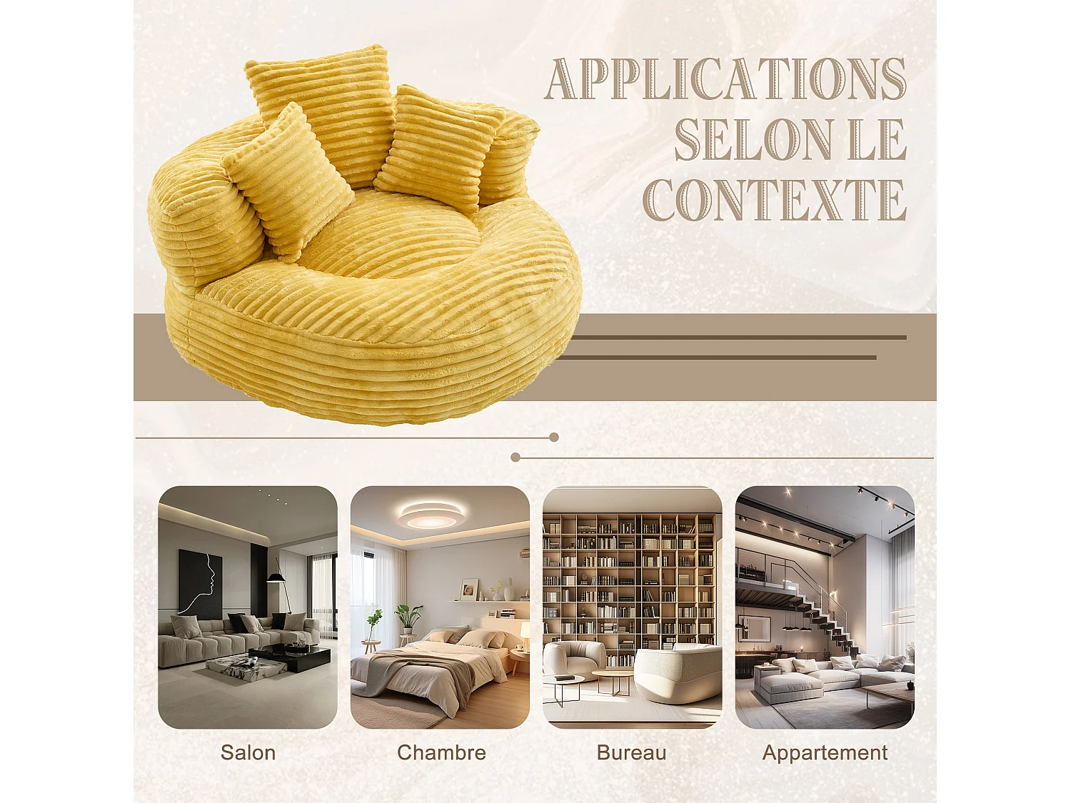 Fauteuil poire en velours côtelé - Pouf  Jaune Moutarde – Grand modèle – 3 coussins inclus – Ultra moelleux  – Pour adultes et enfants