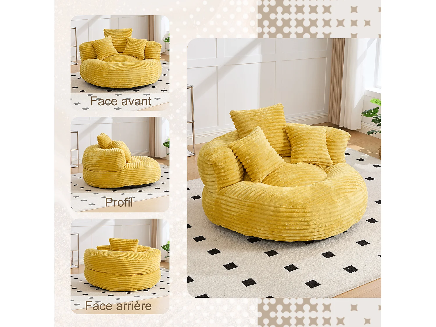 Fauteuil poire en velours côtelé - Pouf  Jaune Moutarde – Grand modèle – 3 coussins inclus – Ultra moelleux  – Pour adultes et enfants