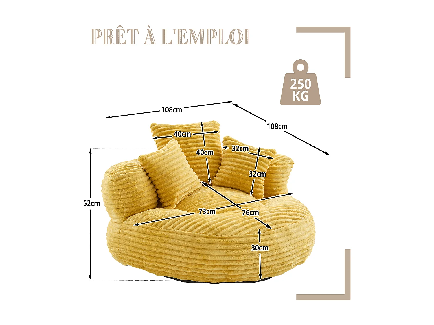 Fauteuil poire en velours côtelé - Pouf  Jaune Moutarde – Grand modèle – 3 coussins inclus – Ultra moelleux  – Pour adultes et enfants