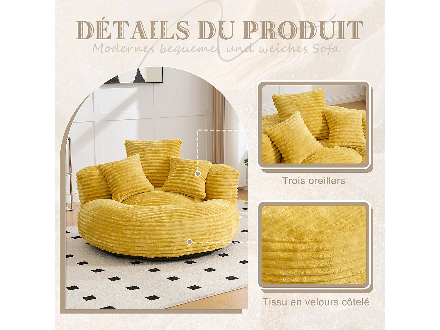 Fauteuil poire en velours côtelé - Pouf  Jaune Moutarde – Grand modèle – 3 coussins inclus – Ultra moelleux  – Pour adultes et enfants