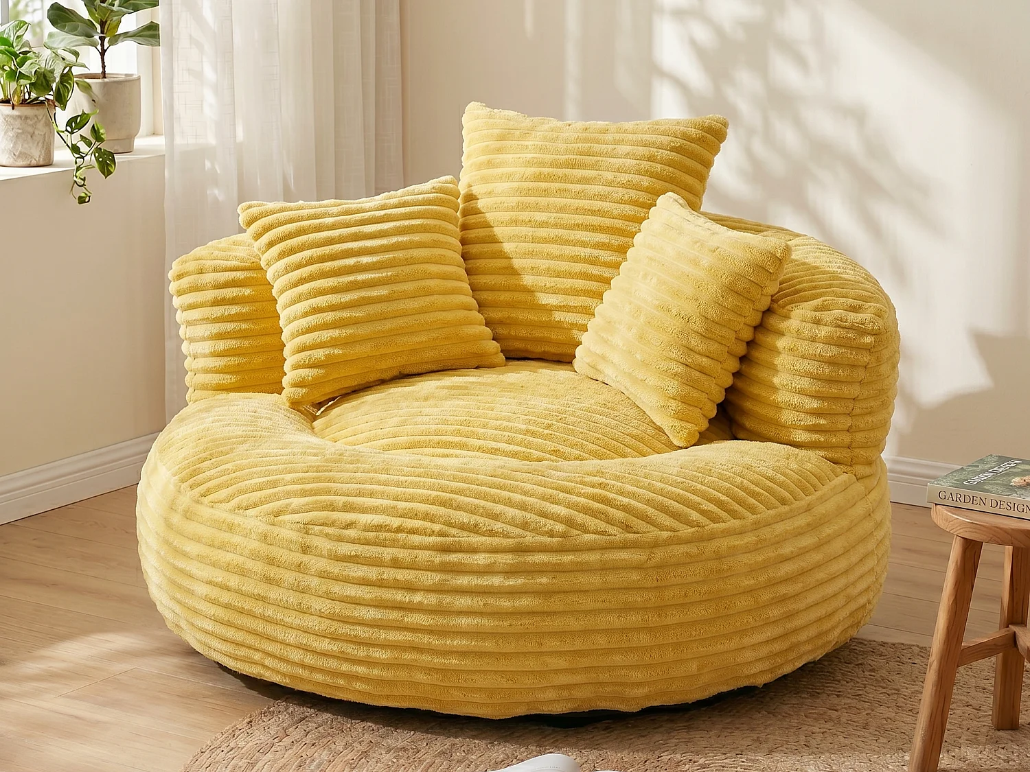 Fauteuil poire en velours côtelé - Pouf  Jaune Moutarde – Grand modèle – 3 coussins inclus – Ultra moelleux  – Pour adultes et enfants
