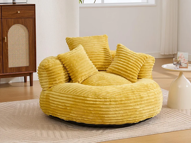 Fauteuil poire en velours côtelé - Pouf  Jaune Moutarde – Grand modèle – 3 coussins inclus – Ultra moelleux  – Pour adultes et enfants