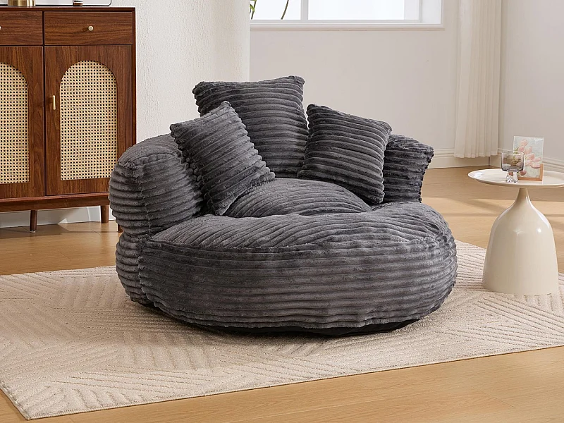 Fauteuil poire en velours côtelé - Pouf gris anthracite – Grand modèle – 3 coussins inclus – Ultra moelleux – Pour adultes et enfants