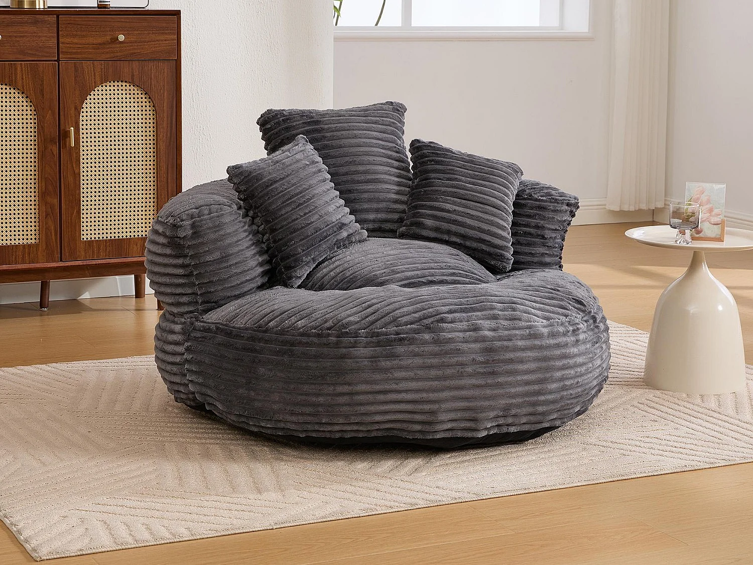 Fauteuil poire en velours côtelé - Pouf gris anthracite – Grand modèle – 3 coussins inclus – Ultra moelleux – Pour adultes et enfants
