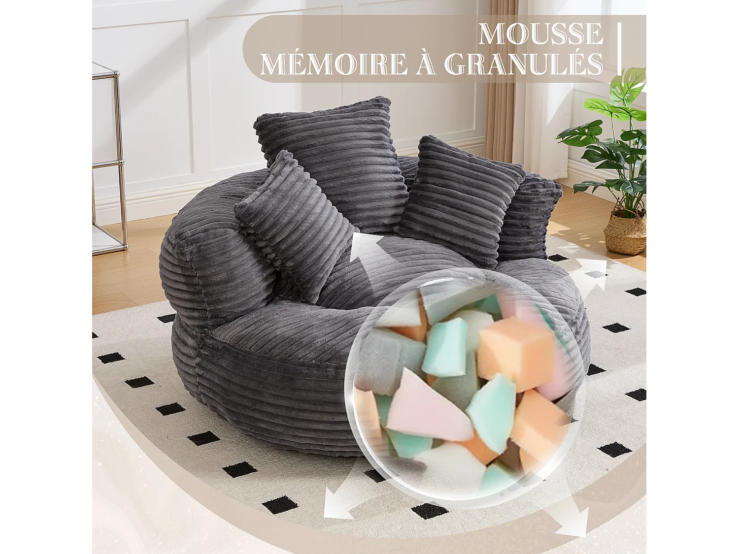 Fauteuil poire en velours côtelé - Pouf gris anthracite – Grand modèle – 3 coussins inclus – Ultra moelleux – Pour adultes et enfants