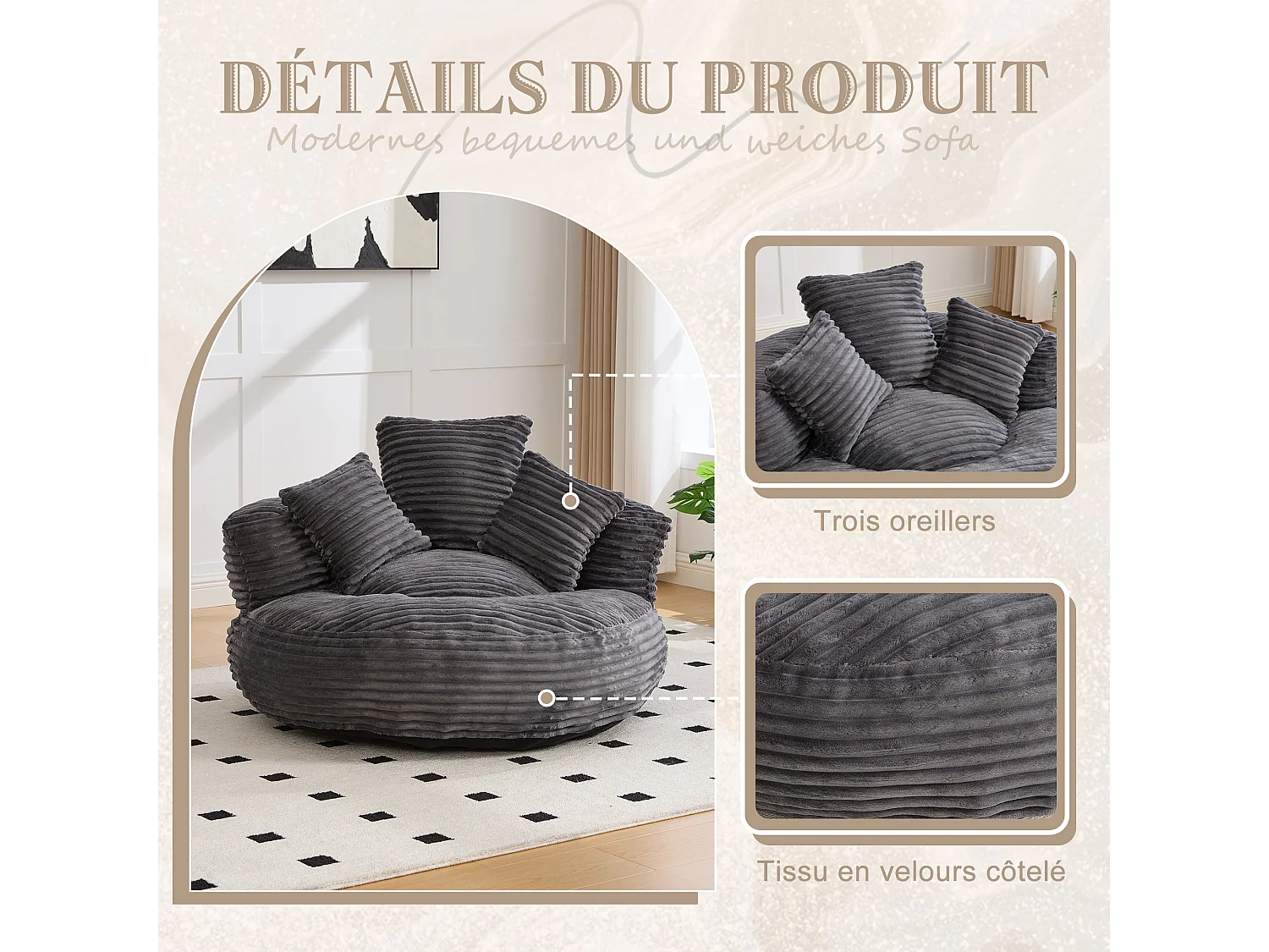 Fauteuil poire en velours côtelé - Pouf gris anthracite – Grand modèle – 3 coussins inclus – Ultra moelleux – Pour adultes et enfants