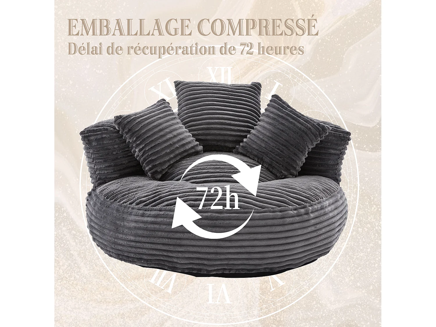 Fauteuil poire en velours côtelé - Pouf gris anthracite – Grand modèle – 3 coussins inclus – Ultra moelleux – Pour adultes et enfants