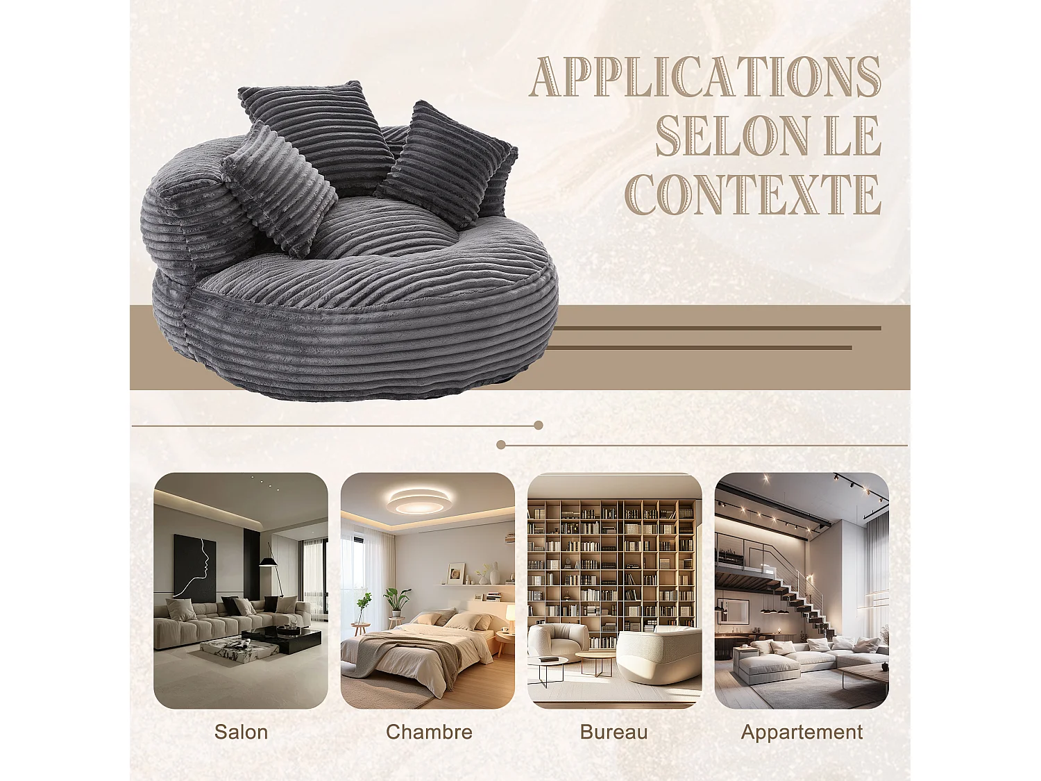 Fauteuil poire en velours côtelé - Pouf gris anthracite – Grand modèle – 3 coussins inclus – Ultra moelleux – Pour adultes et enfants