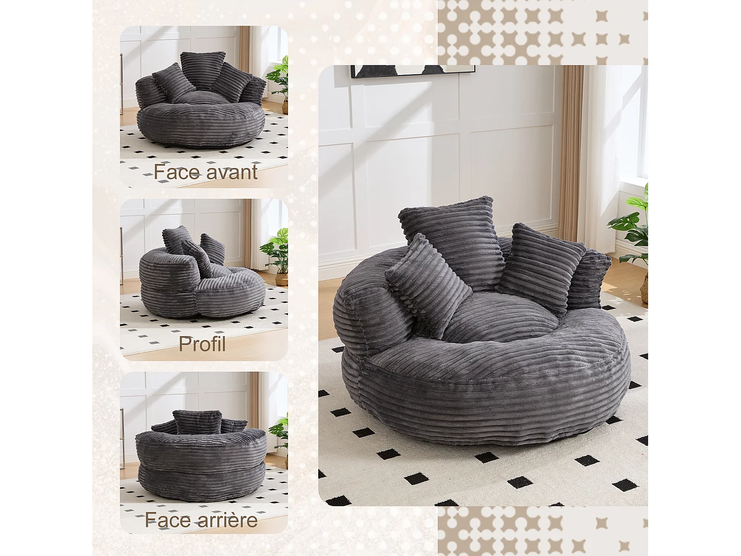 Fauteuil poire en velours côtelé - Pouf gris anthracite – Grand modèle – 3 coussins inclus – Ultra moelleux – Pour adultes et enfants
