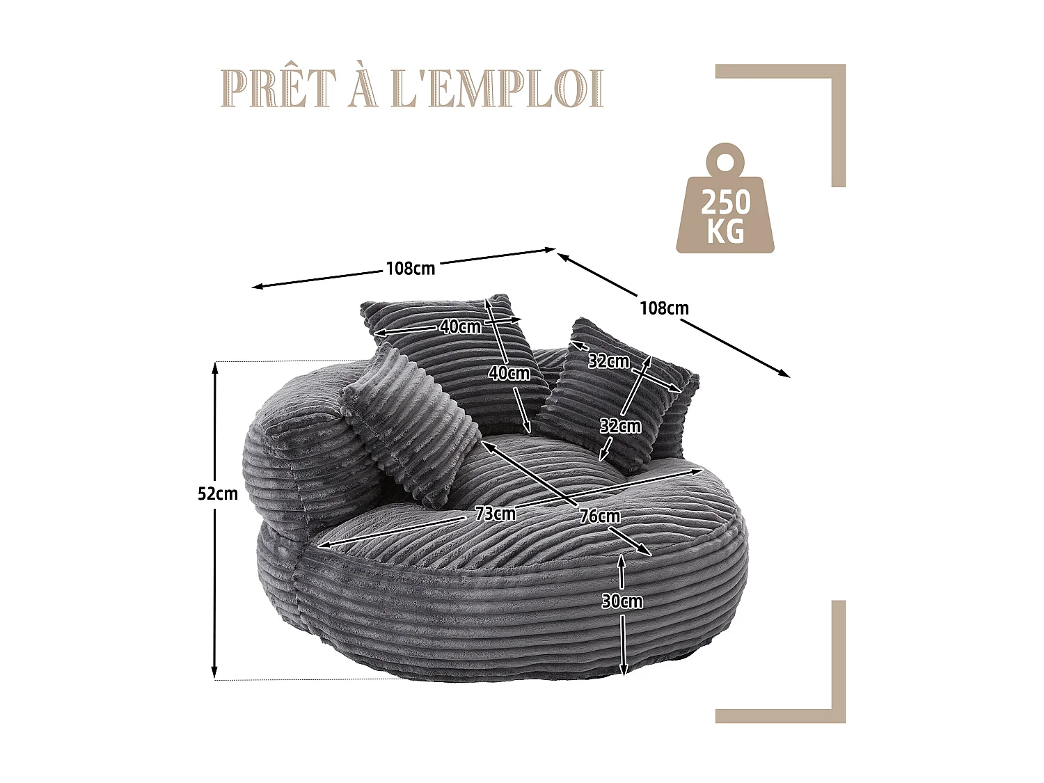 Fauteuil poire en velours côtelé - Pouf gris anthracite – Grand modèle – 3 coussins inclus – Ultra moelleux – Pour adultes et enfants