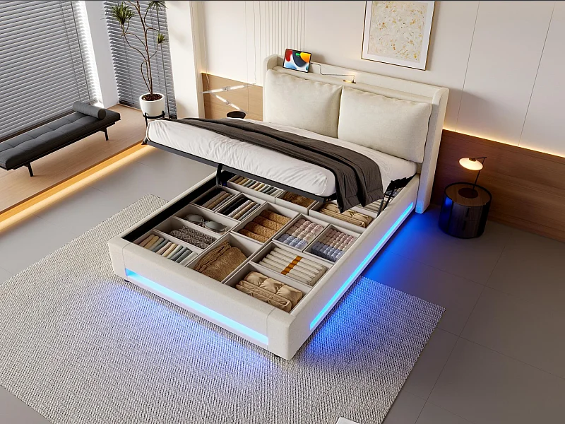 Lit Coffre 140x200 cm - Lit Rembourré - Rangement Hydraulique - Éclairage LED & USB-C - Coussin de Tête Amovible en Velours - Beige - Idéal Chambre