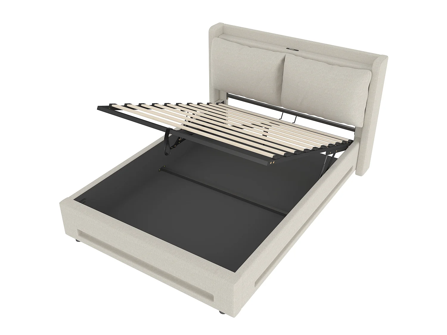 Lit Coffre 140x200 cm - Lit Rembourré - Rangement Hydraulique - Éclairage LED & USB-C - Coussin de Tête Amovible en Velours - Beige - Idéal Chambre