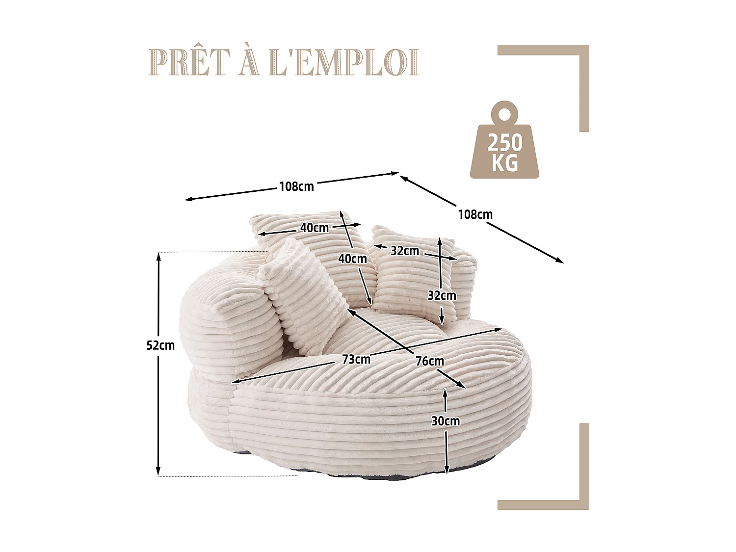 Fauteuil poire en velours côtelé - Pouf Beige – Grand modèle – 3 coussins inclus – Ultra moelleux – Pour adultes et enfants