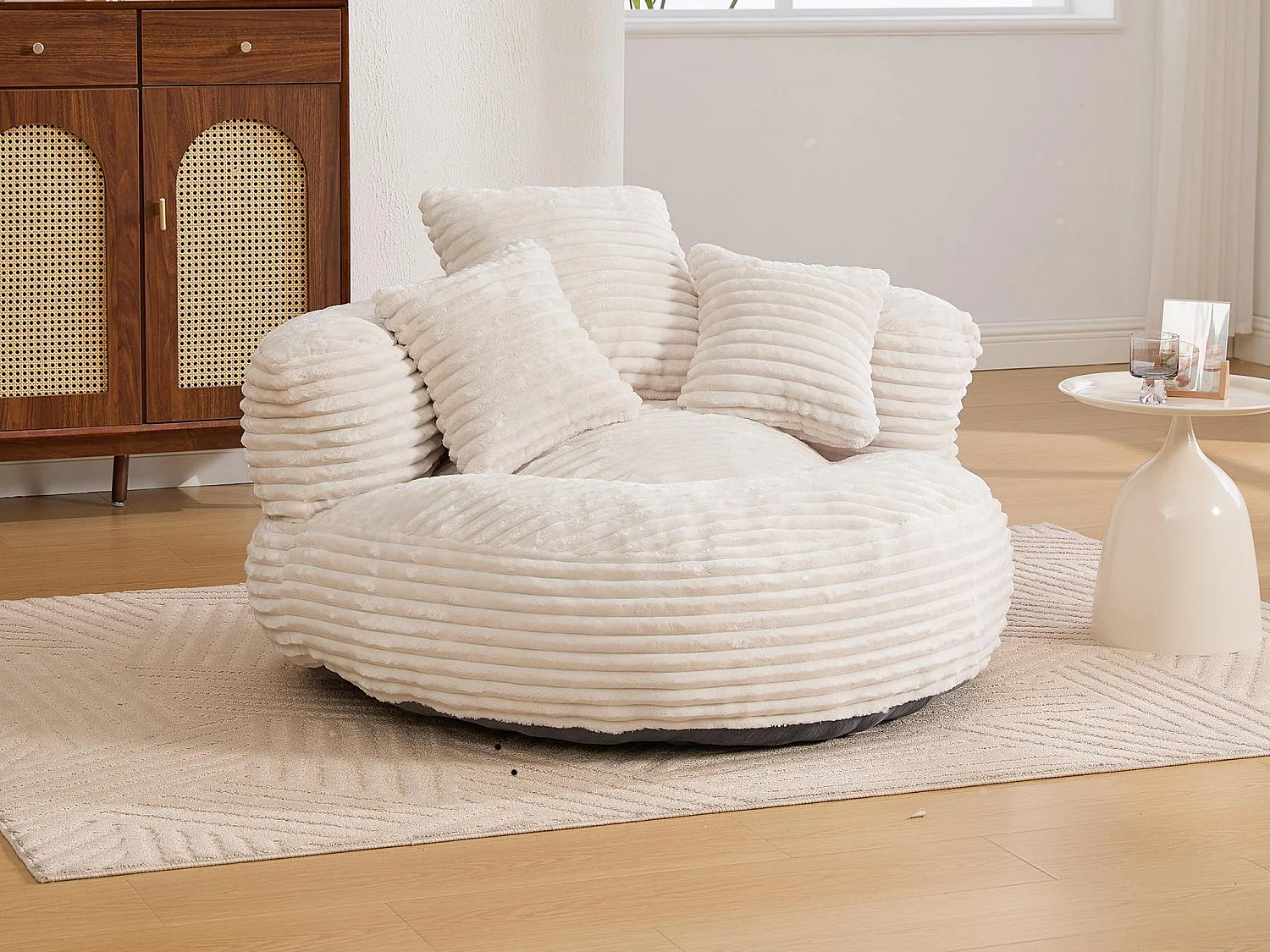 Fauteuil poire en velours côtelé - Pouf Beige – Grand modèle – 3 coussins inclus – Ultra moelleux – Pour adultes et enfants