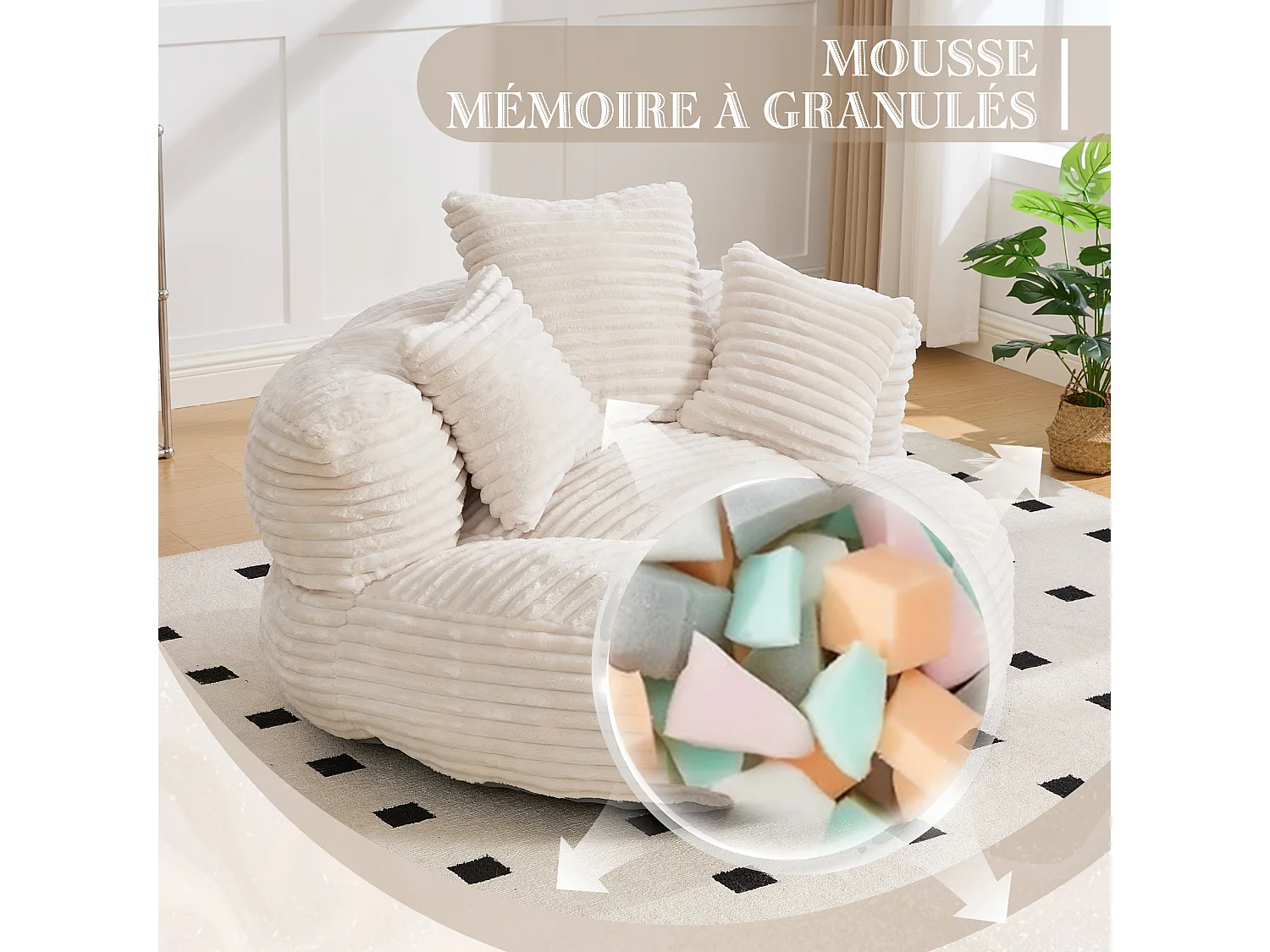 Fauteuil poire en velours côtelé - Pouf Beige – Grand modèle – 3 coussins inclus – Ultra moelleux – Pour adultes et enfants