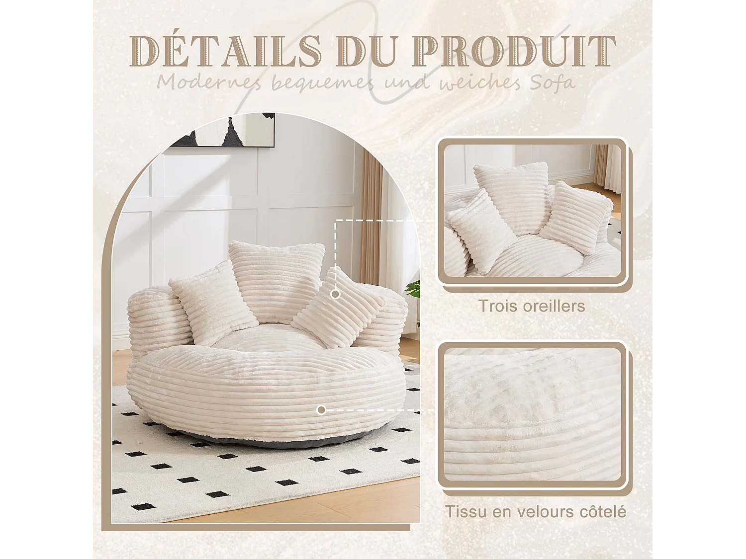 Fauteuil poire en velours côtelé - Pouf Beige – Grand modèle – 3 coussins inclus – Ultra moelleux – Pour adultes et enfants