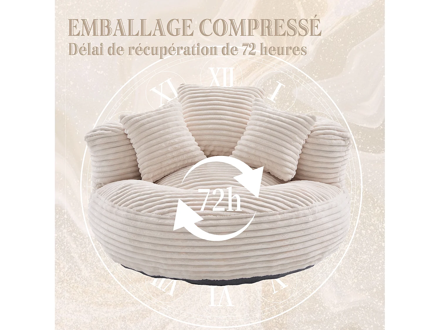 Fauteuil poire en velours côtelé - Pouf Beige – Grand modèle – 3 coussins inclus – Ultra moelleux – Pour adultes et enfants