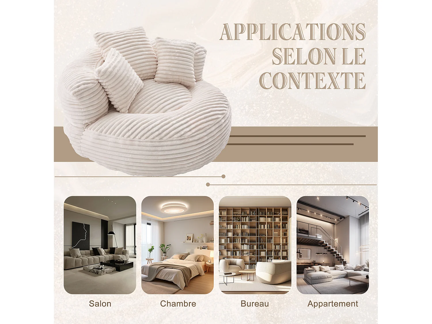 Fauteuil poire en velours côtelé - Pouf Beige – Grand modèle – 3 coussins inclus – Ultra moelleux – Pour adultes et enfants