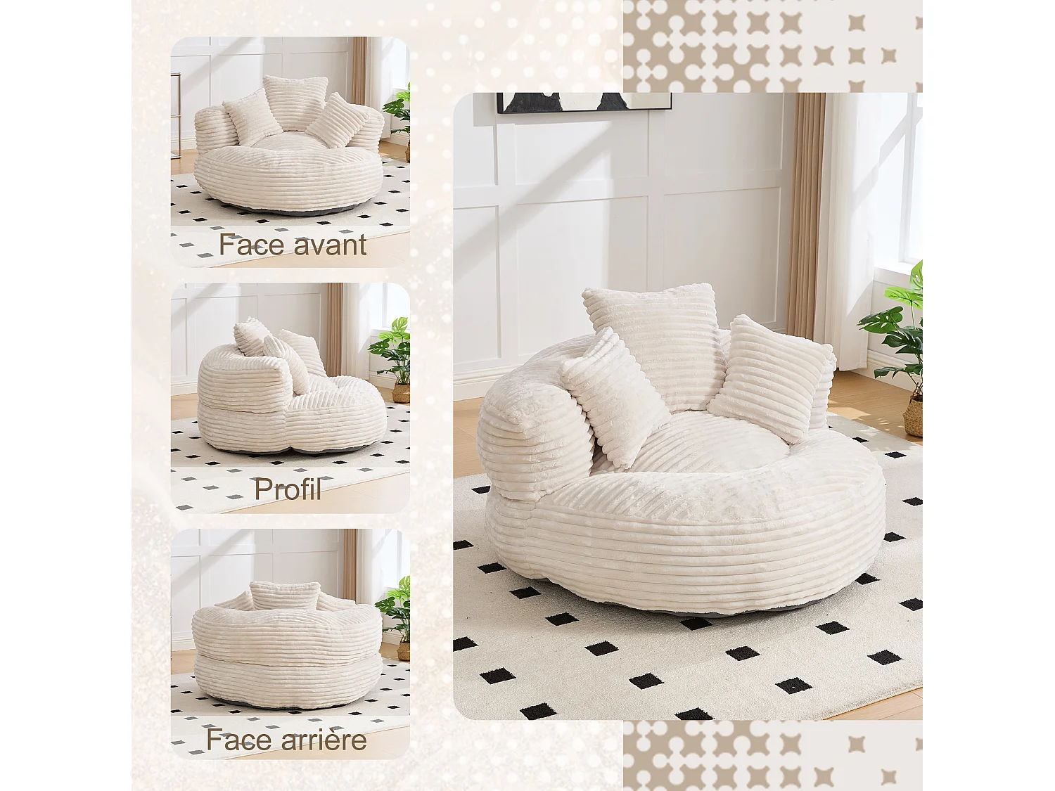Fauteuil poire en velours côtelé - Pouf Beige – Grand modèle – 3 coussins inclus – Ultra moelleux – Pour adultes et enfants