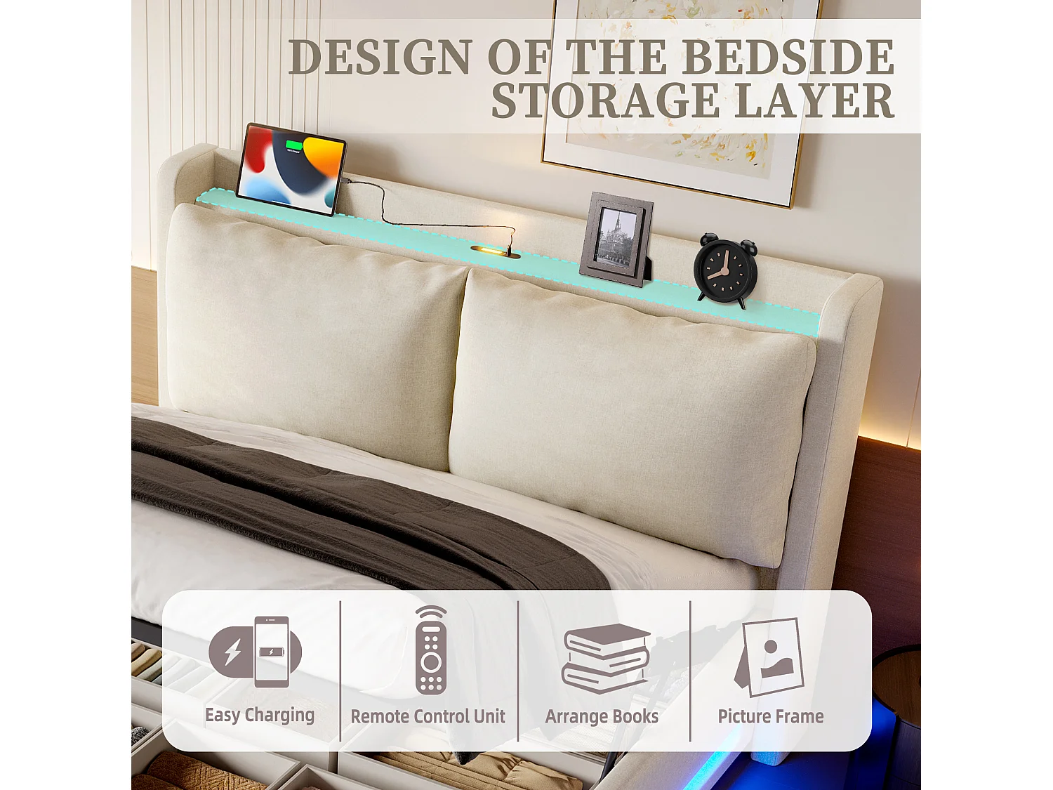 Lit Coffre 140x190 cm - Lit Rembourré - Rangement Hydraulique - Éclairage LED & USB-C - Coussin de Tête Amovible en Velours - Beige - Idéal Chambre