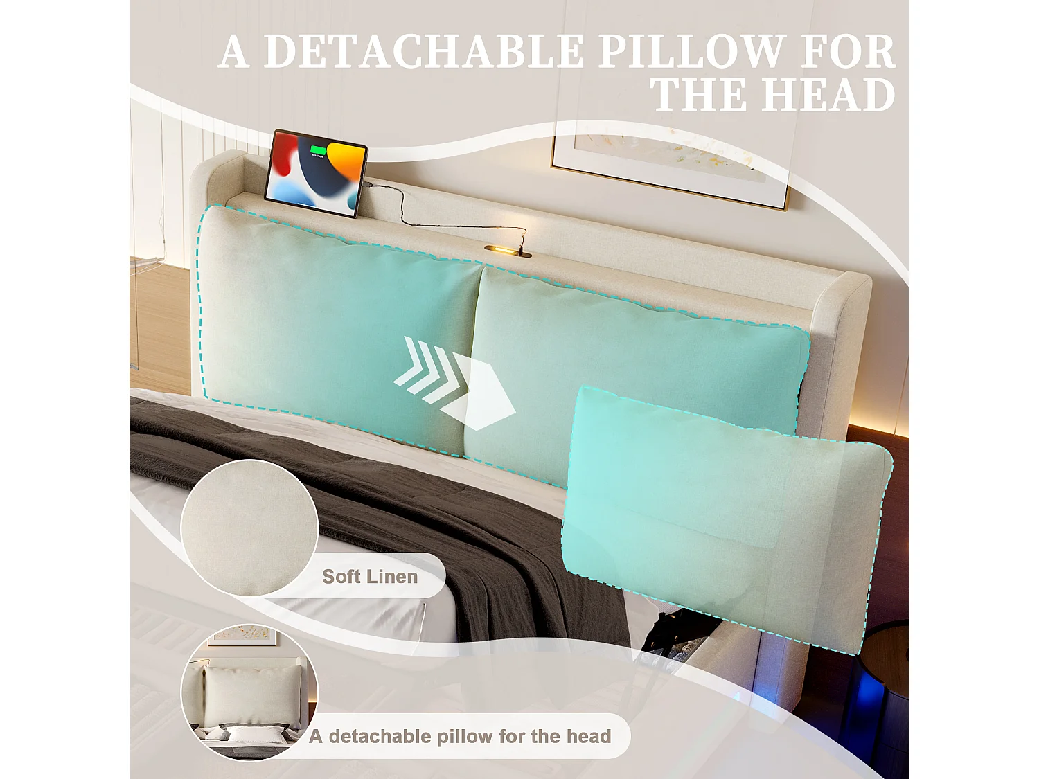 Lit Coffre 140x190 cm - Lit Rembourré - Rangement Hydraulique - Éclairage LED & USB-C - Coussin de Tête Amovible en Velours - Beige - Idéal Chambre