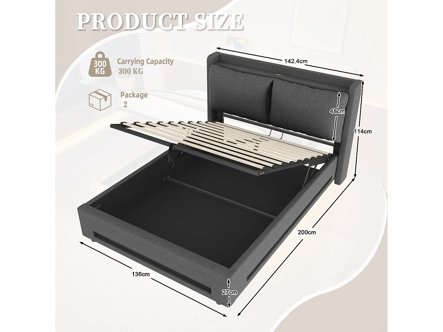 Lit Coffre 140x190 cm - Lit Rembourré - Rangement Hydraulique - Éclairage LED & USB-C - Coussin de Tête Amovible en Velours - Beige - Idéal Chambre