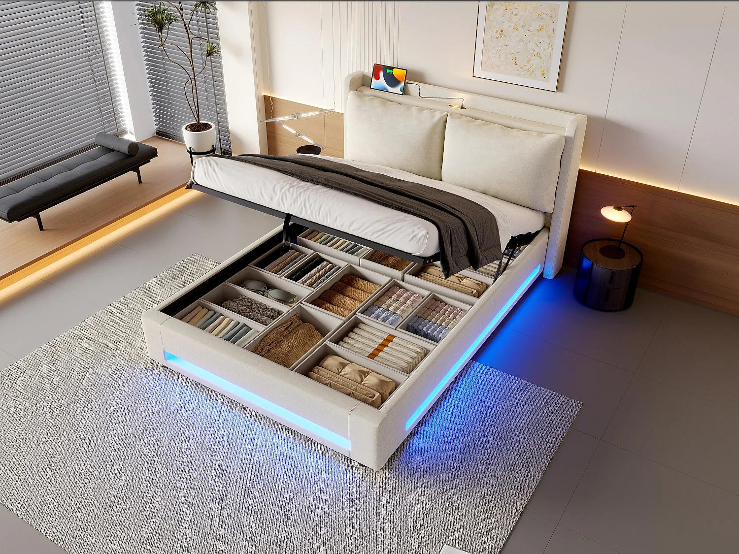 Lit Coffre 140x190 cm - Lit Rembourré - Rangement Hydraulique - Éclairage LED & USB-C - Coussin de Tête Amovible en Velours - Beige - Idéal Chambre